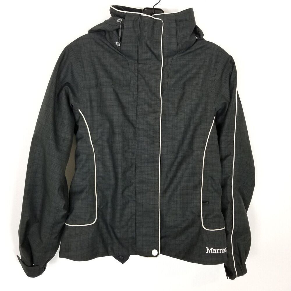 Marmot Women Snowboard Parka Jacket Sz XS Black Hooded Snap Zip Pockets